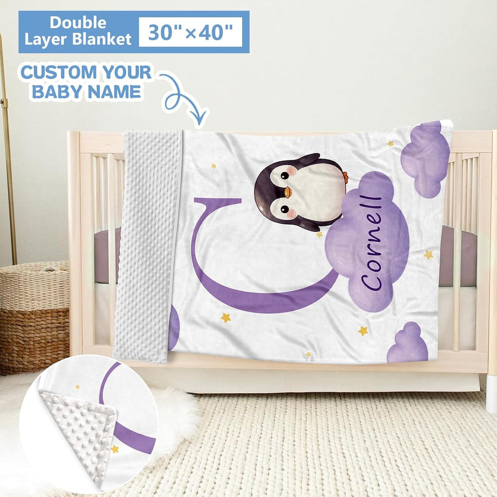 KAINSY Custom Crib Bedding Set, 5 Pcs Personalized Name Monogram Baby Crib Sets for Infants Toddlers, Purple Penguin Nursery Bedding Set for Boys Girls, Double Layer Baby Bedding Sets Customized Gifts