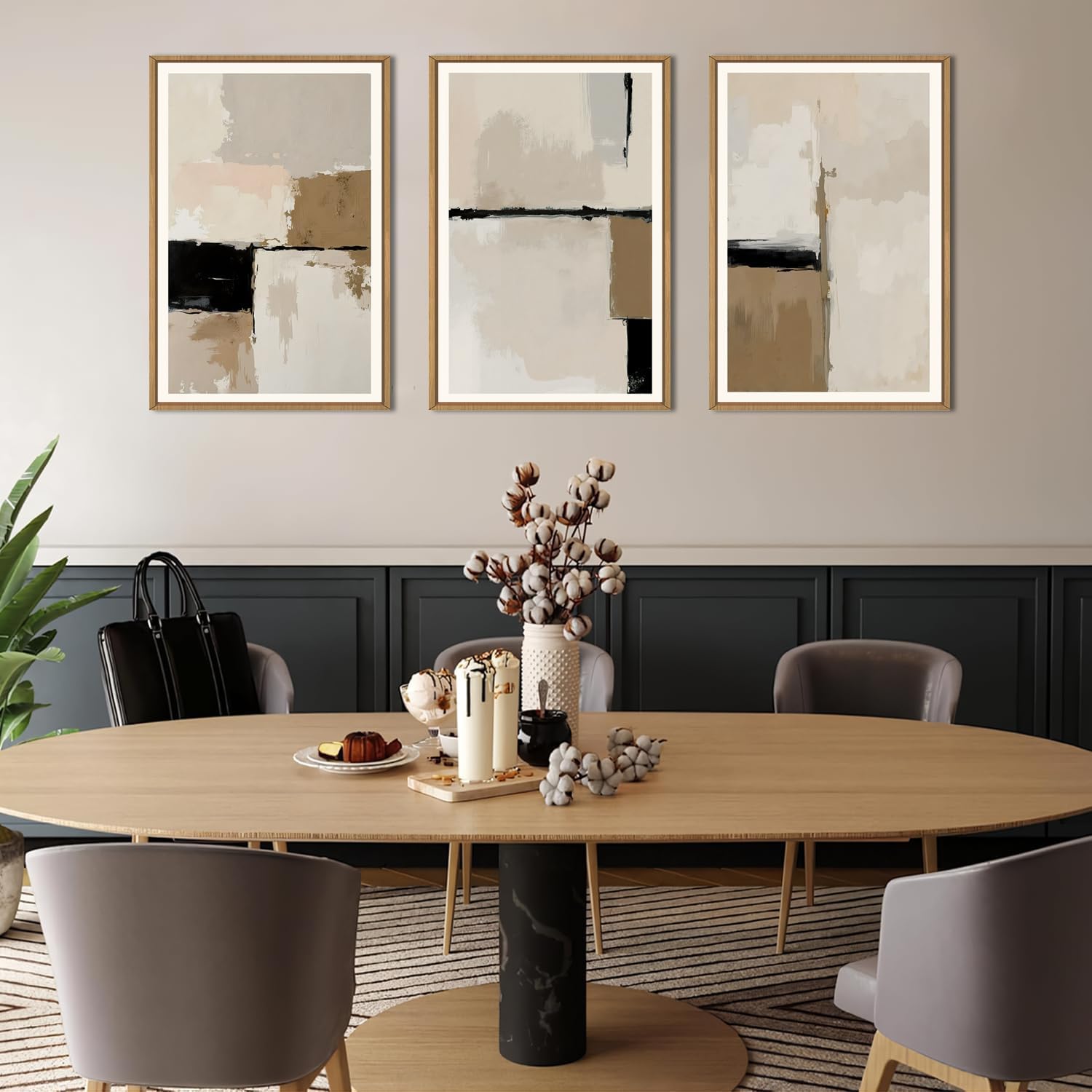 HPINUB Large Modern Abstract Framed Canvas Wall Art Set,Geometric Line Black White and Beige Textured Wall Decor Neutral Gray Minimalist Art Print for Living Room,Bedroom,Office -24'x36'x3