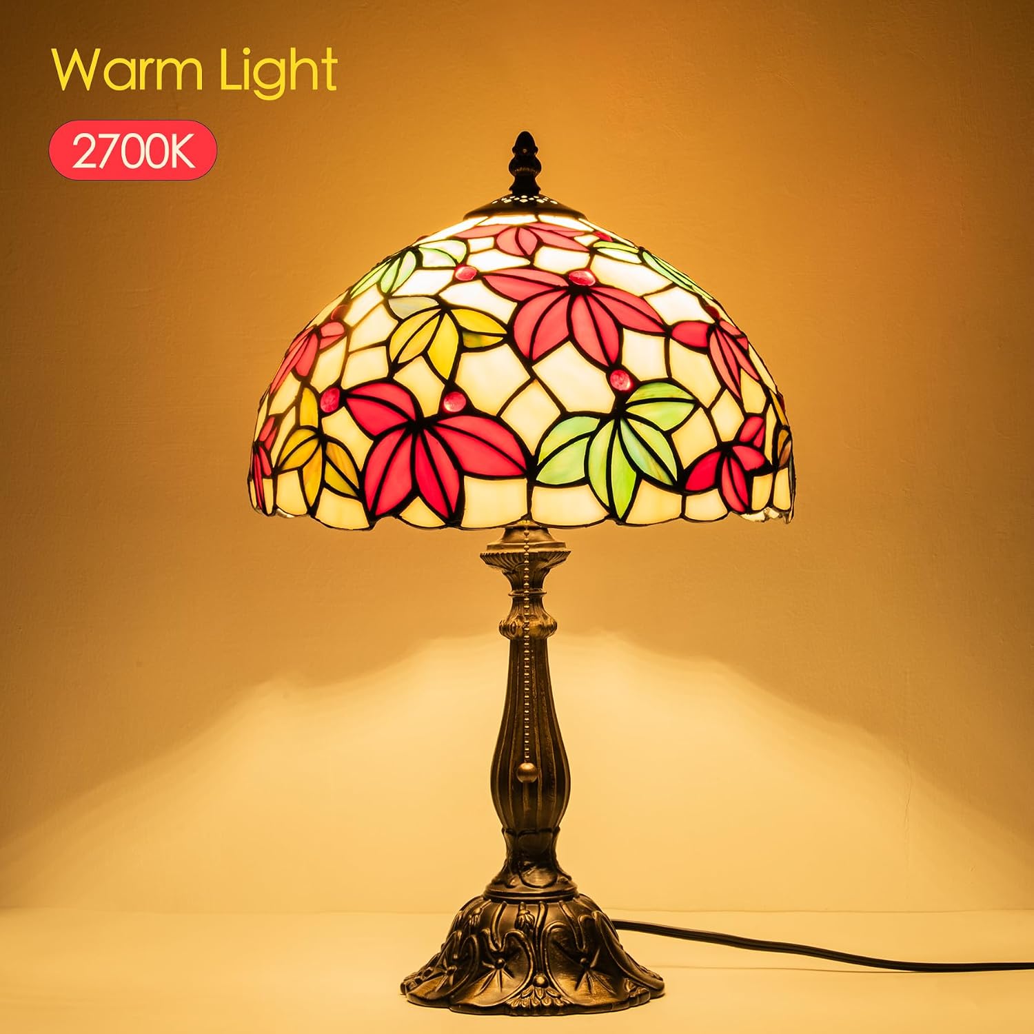 Tiffany Style Stained Glass Table Lamp, Maple Leaf Desk Light with Antique Bronze Resin Base, Multicolor Reading Lighting for Bedroom, Living Room, Office 12'X12'X19 (Maple-White)