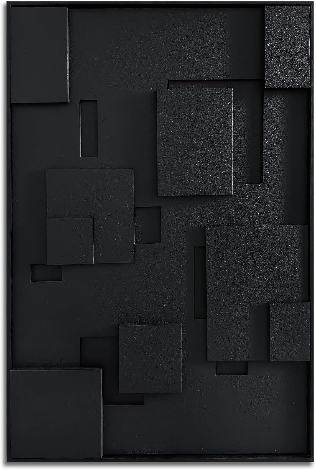 Slyart 3D Black Geometric Textured Plaster Wall Art, Handmade Contemporary Art Abstract Relief Painting, Framed Thick Texture Vertical Wall Art 24x36 Inch