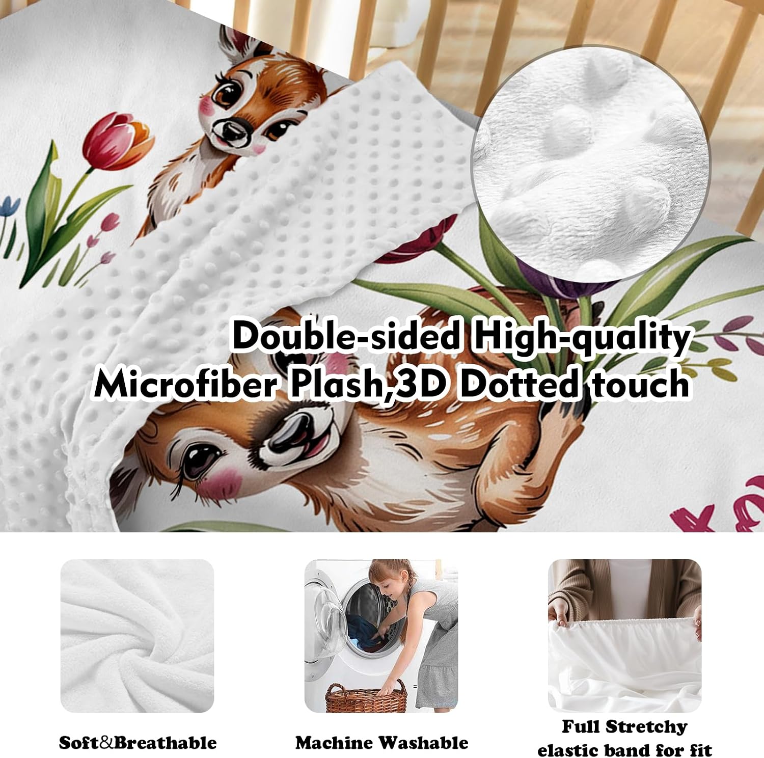 Personalized Crib Bedding Set for Baby Girls, Custom Name Baby Crib Sets 5-Pcs - Toddler Double Layer Blanket Fitted Sheet Changing Pad Cover Rug Wall Art Set, Sika Deer Theme Nursery Décor