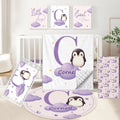 KAINSY Custom Crib Bedding Set, 5 Pcs Personalized Name Monogram Baby Crib Sets for Infants Toddlers, Purple Penguin Nursery Bedding Set for Boys Girls, Double Layer Baby Bedding Sets Customized Gifts