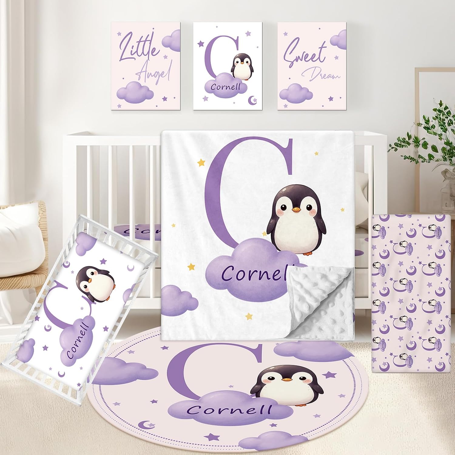 KAINSY Custom Crib Bedding Set, 5 Pcs Personalized Name Monogram Baby Crib Sets for Infants Toddlers, Purple Penguin Nursery Bedding Set for Boys Girls, Double Layer Baby Bedding Sets Customized Gifts