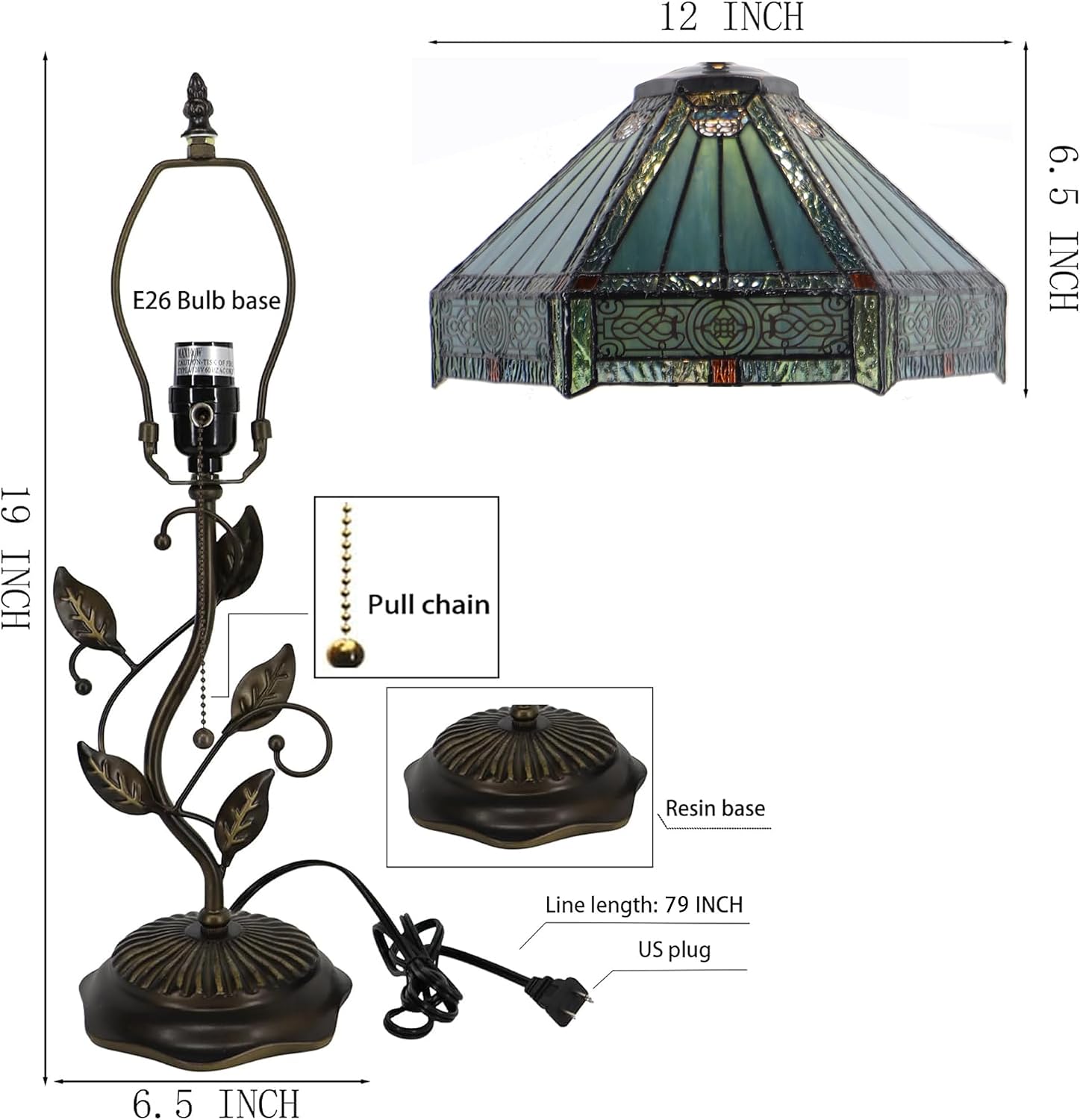 Tiffany Table Lamp, Stained Glass Desk Light, W12H19 Inch, Metal Leaf Base (Mission Style)