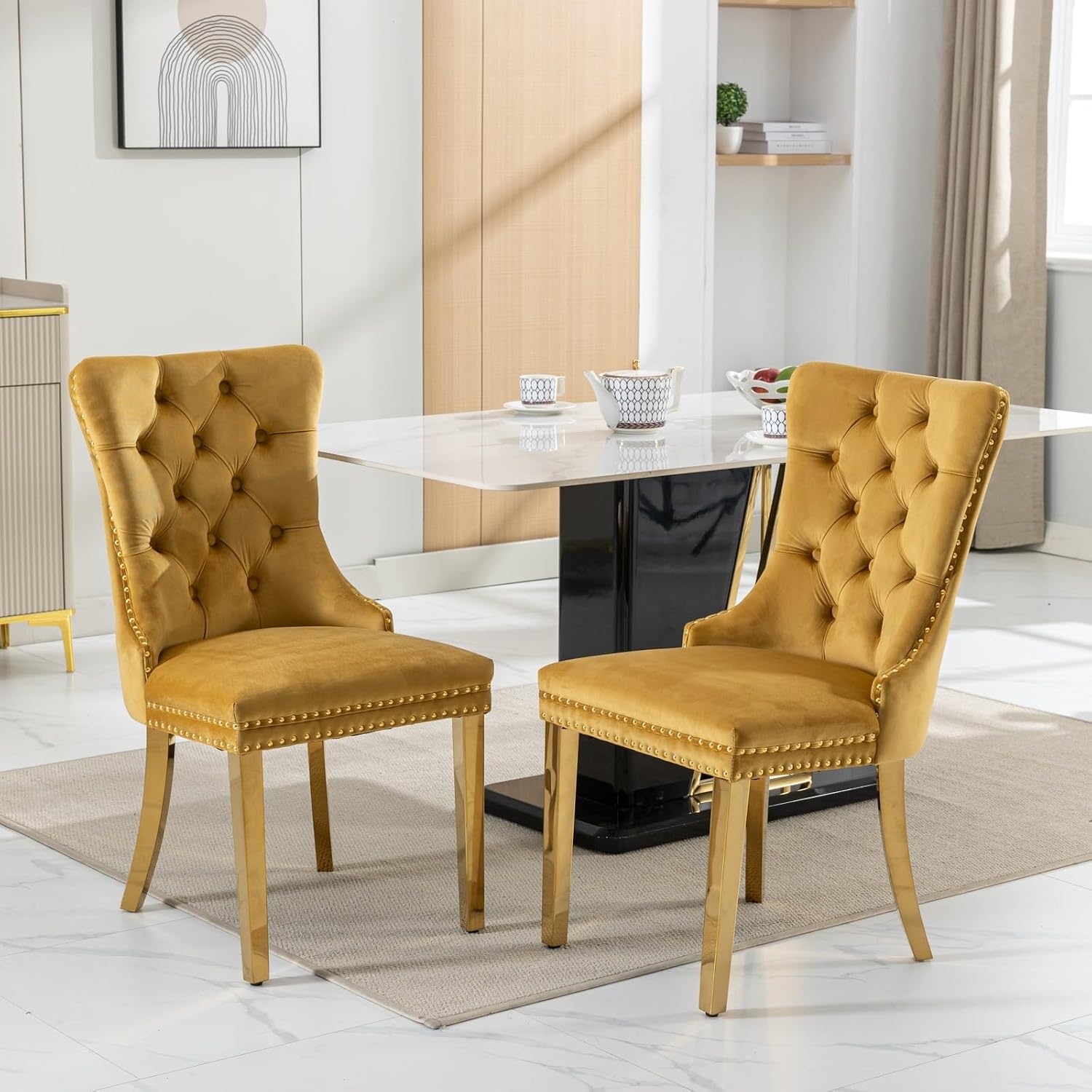 2 Piece Contemporary Velvet Upholstered Dining Chair with Chrome Stainless Steel Plating Legs, Nail Head Decro, Armless Tufted Dining Chair Fabric Dining Room Chair (Gold, Set of 2)