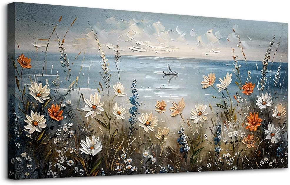 MHARTK66 Wall Art for Living Room Large Beach Painting Ocean Wildflower Canvas Artwork Framed Coastal Landscape Artwork Seascape Nature Rustic Picture for Office Bedroom Home Wall Decor 60x30in
