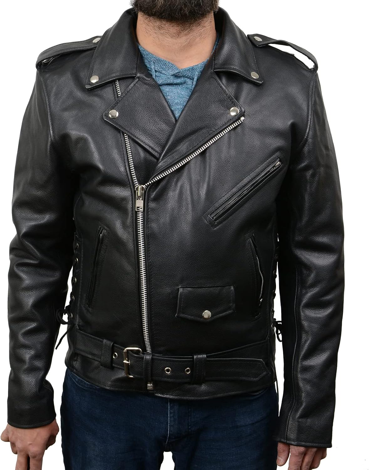 Milwaukee Leather SH1011 Men's Classic Brando Premium Leather Black Motorcycle Riders Leather Jacket w/Side Laces