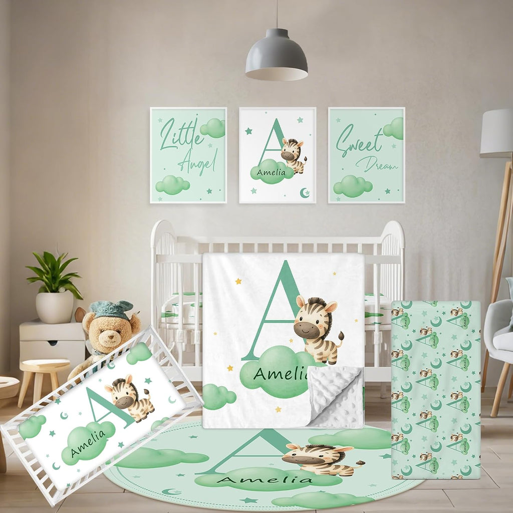 Terwex Custom Crib Bedding Set, 5 Pcs Personalized Name Baby Crib Sets for Newborns Infants Toddlers, Green Zebra Nursery Bedding Set for Boys Girls, Double Layer Baby Bedding Sets Customized Gifts