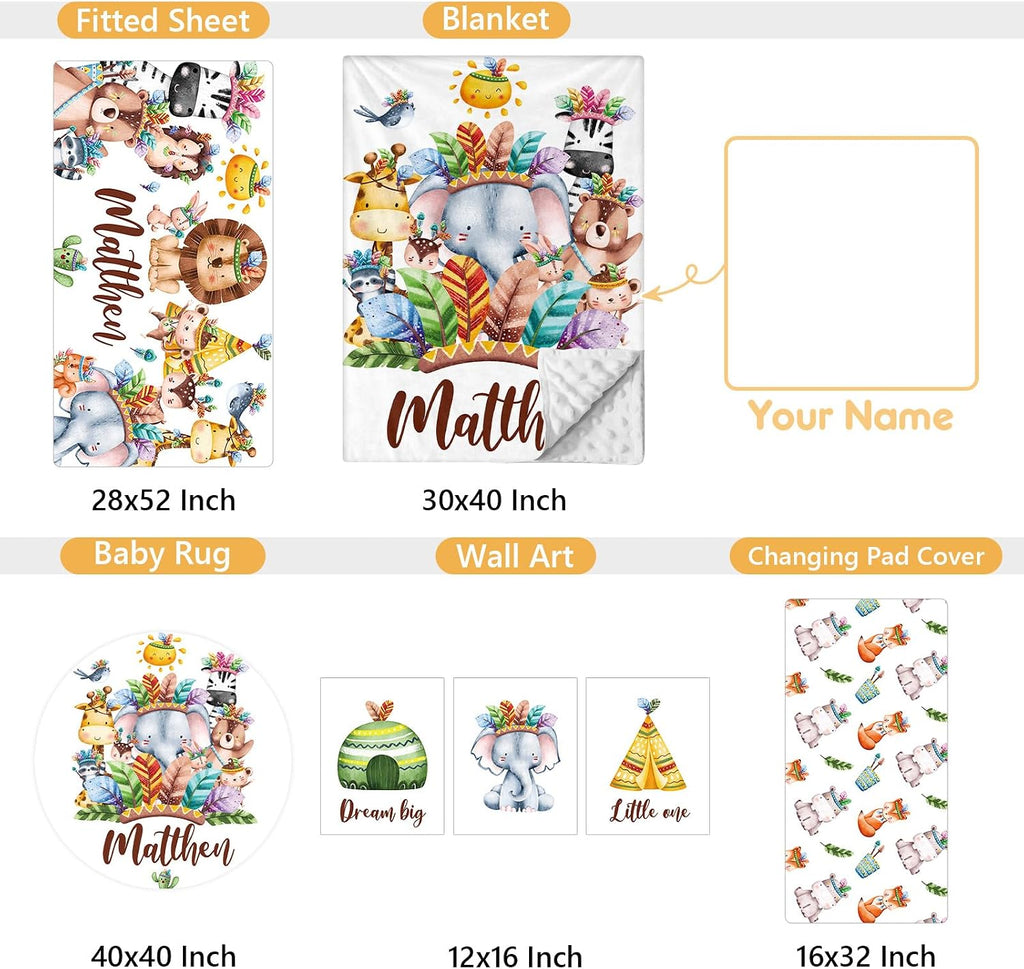 Terwex Custom Crib Bedding Set, 5 Pcs Customized Baby Crib Set with Name, Double Layer Baby Bedding Set for Girls Boys, Personalized for Nursery Infants Toddlers, Cute Animals