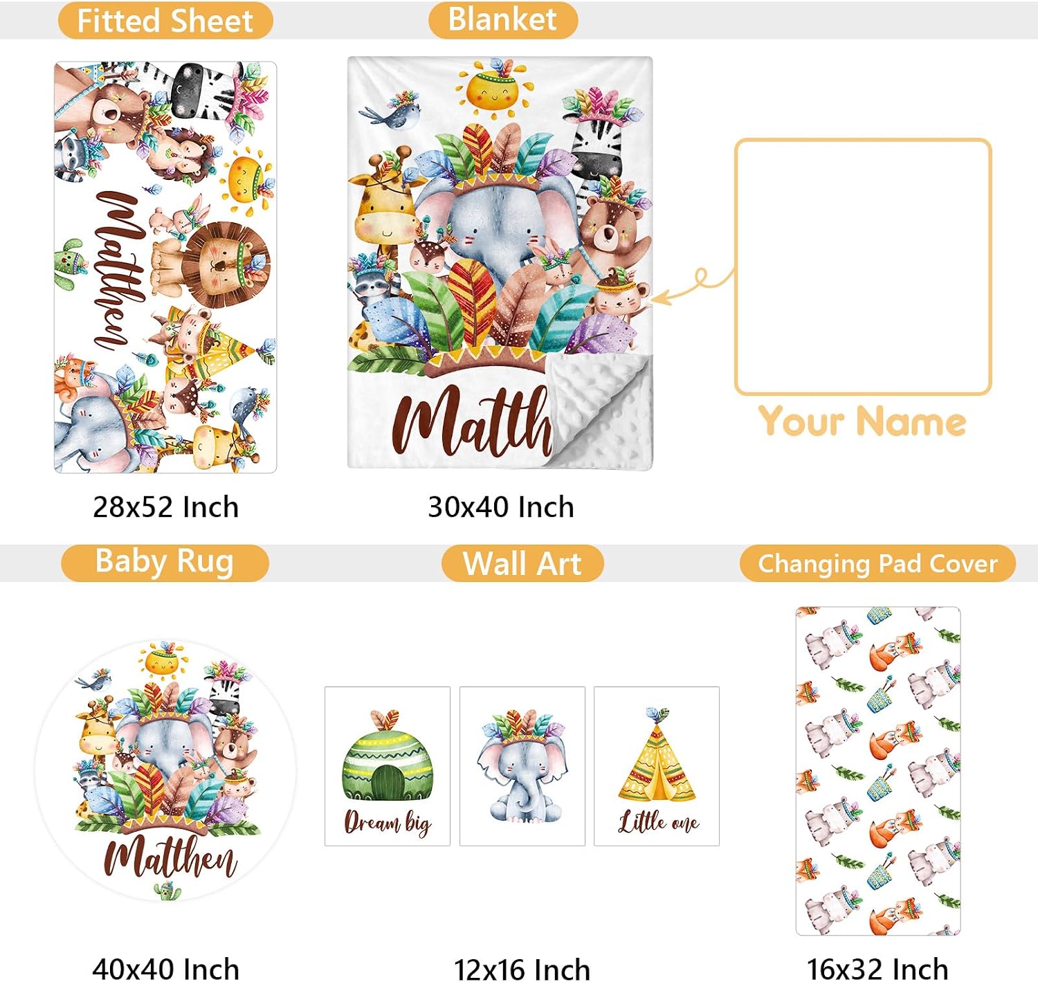 Terwex Custom Crib Bedding Set, 5 Pcs Customized Baby Crib Set with Name, Double Layer Baby Bedding Set for Girls Boys, Personalized for Nursery Infants Toddlers, Cute Animals
