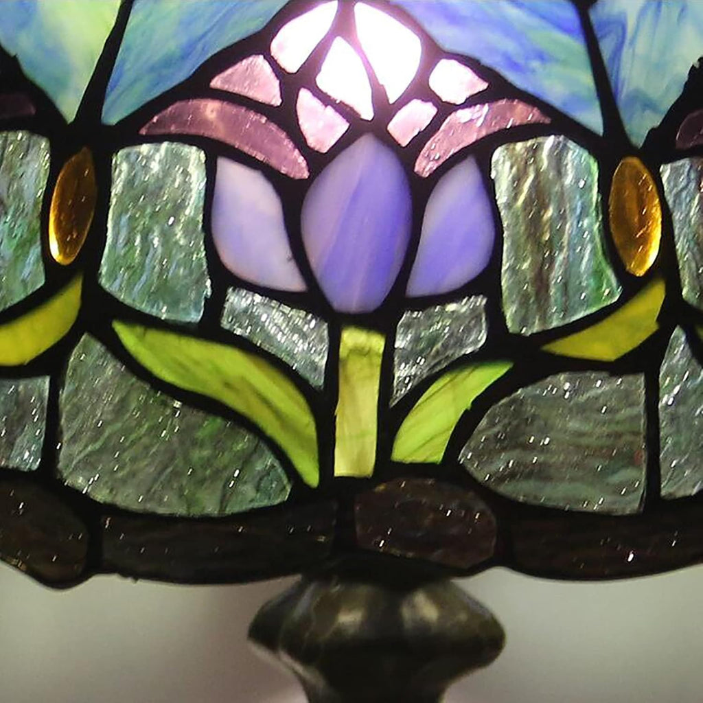 Tiffany Style Table Lamp Stained Glass Lamp Shade Purple Tulip Flower Reading Desk Light 12 Inches for Bedroom Study Living Room Office