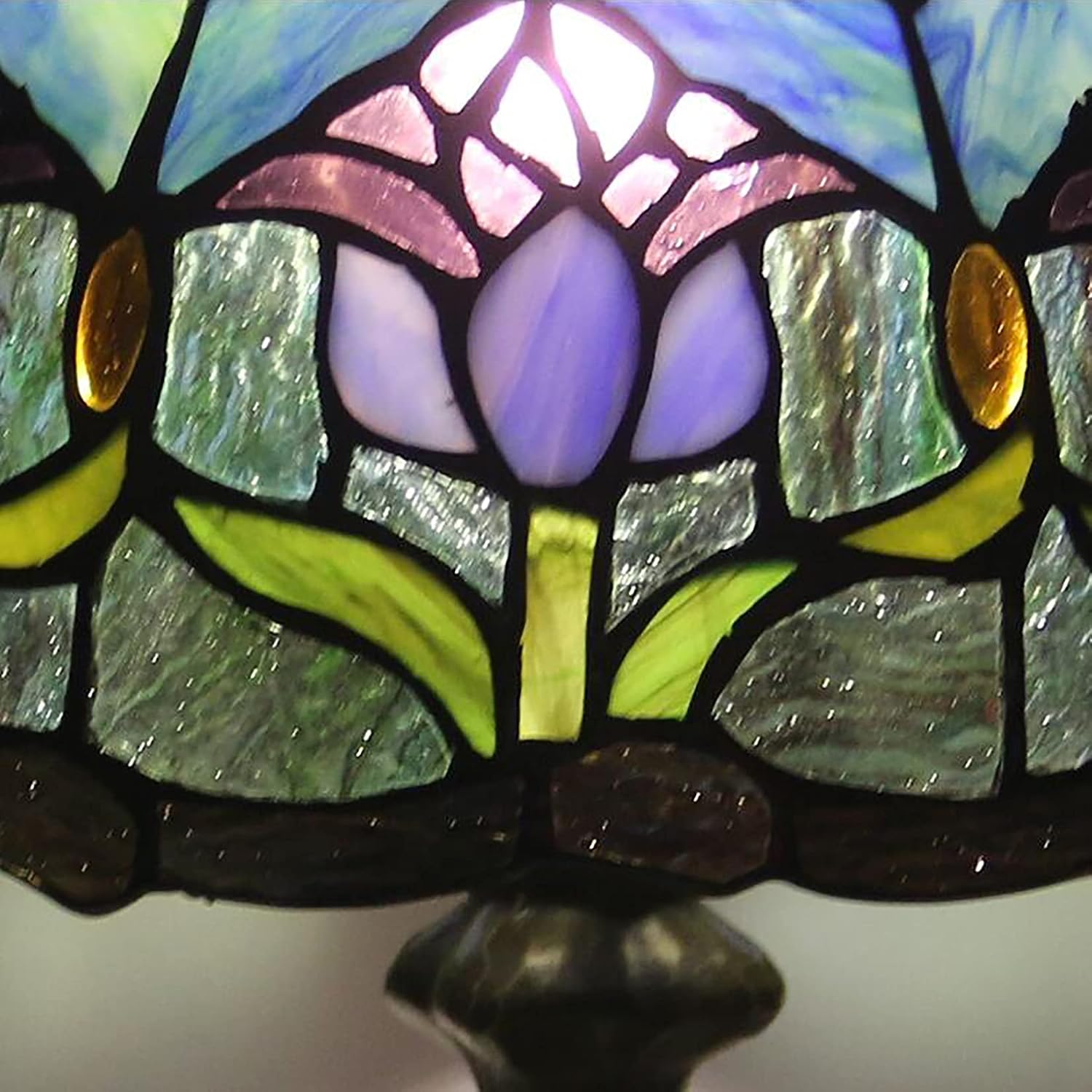Tiffany Style Table Lamp Stained Glass Lamp Shade Purple Tulip Flower Reading Desk Light 12 Inches for Bedroom Study Living Room Office