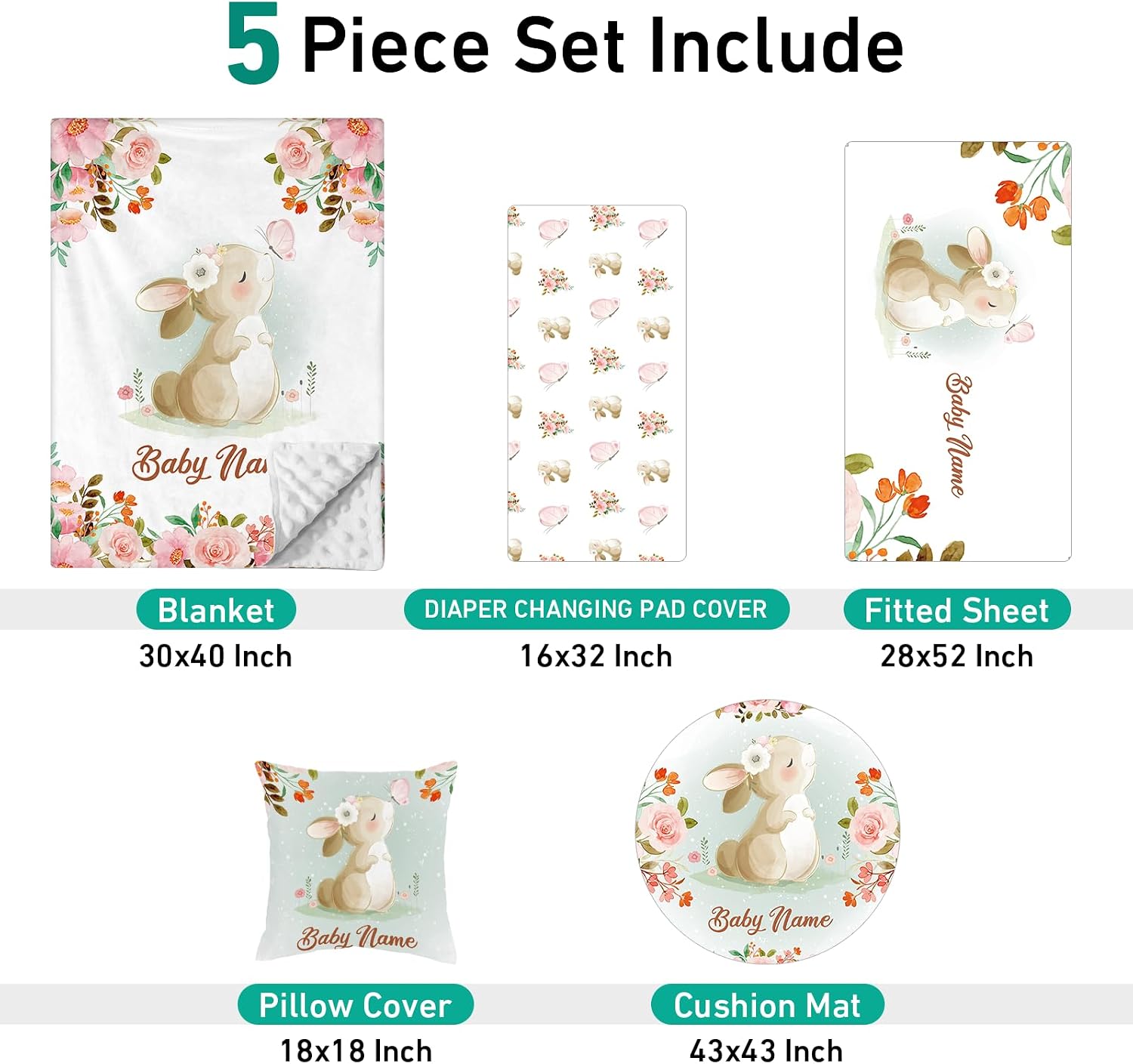 Dyoart Custom Nursery Crib Bedding Set: 5 Piece Rabbit Theme Baby Crib Sets for Girls Boy with Personalized Name - Toddler Double Layer Blanket Set,Comfortable Crib Bed Sheets for Toddlers