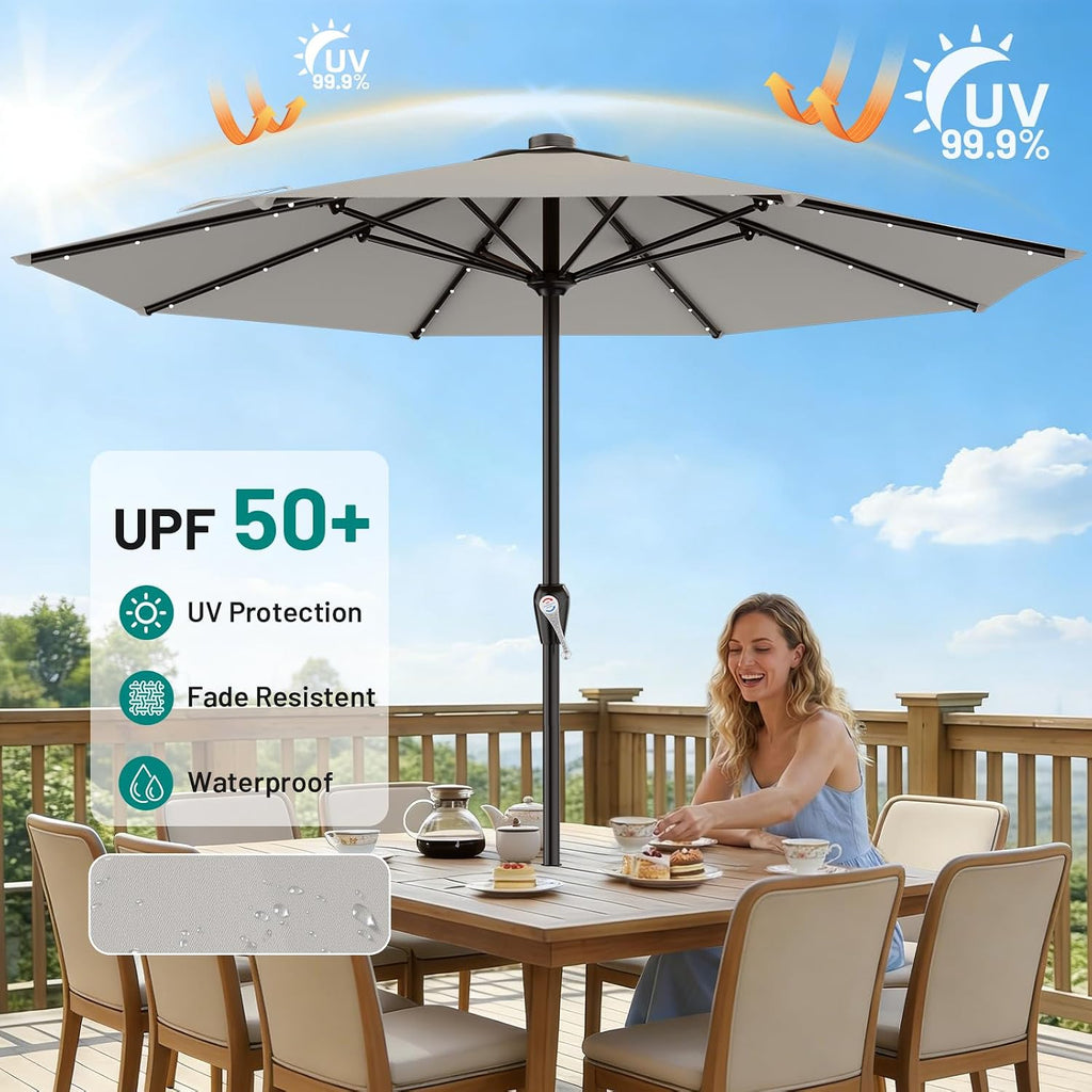 AreShark 12FT Large Patio Umbrella with Solar Lights, Solar Powered Outdoor Umbrella with Crank, Patio Table Market Umbrellas for Garden, Deck, Backyard, Pool and Beach, Light Gray