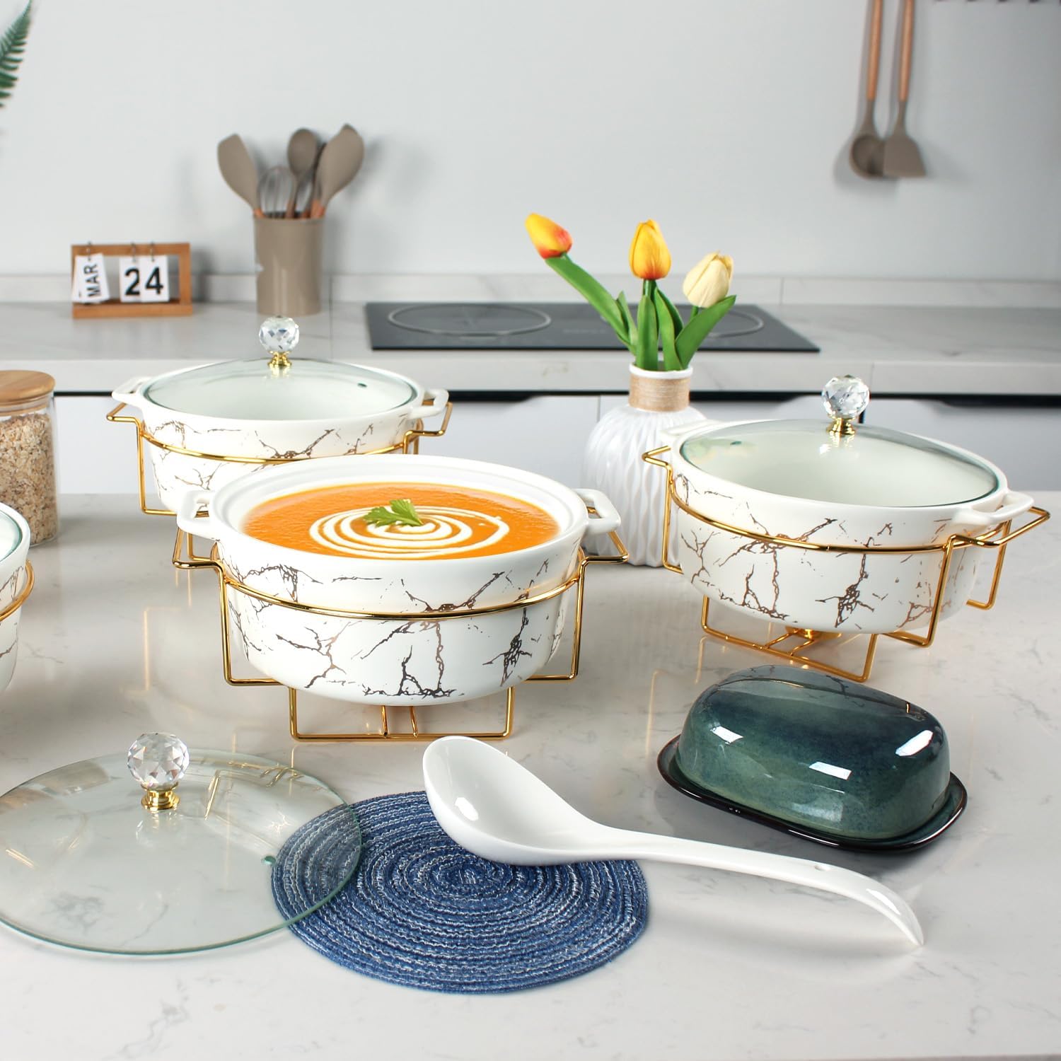 8' Round Ceramic Casserole Dish with Glass Lid and Gold rack Set of 4, 2 qt Serving Soup Tureen, Chafing Dish for Buffet, Family Food preserve Tray, Catering Casserole for Party Style