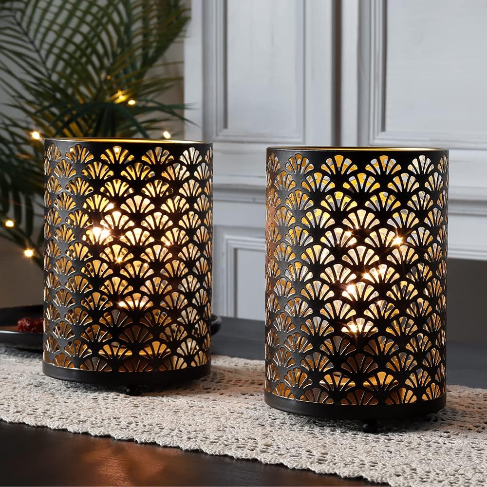 TRIROCKS Set of 12 Table Lamp 6.5'' Tall Metal Cordless Table Lamp Bronze Lanterns with Warm Fairy Lights Bulb for Patio Garden Wedding Parties Indoor Outdoor(Scalloped Hollow Pattern)