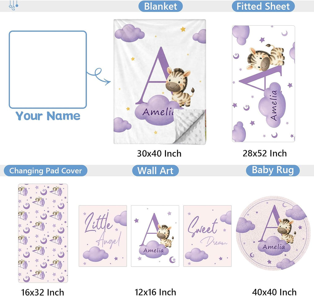 KAINSY Custom Crib Bedding Set, 5 Pcs Personalized Name Monogram Baby Crib Sets for Infants Toddlers, Purple Zebra Nursery Bedding Set for Boys Girls, Double Layer Baby Bedding Sets Customized Gifts