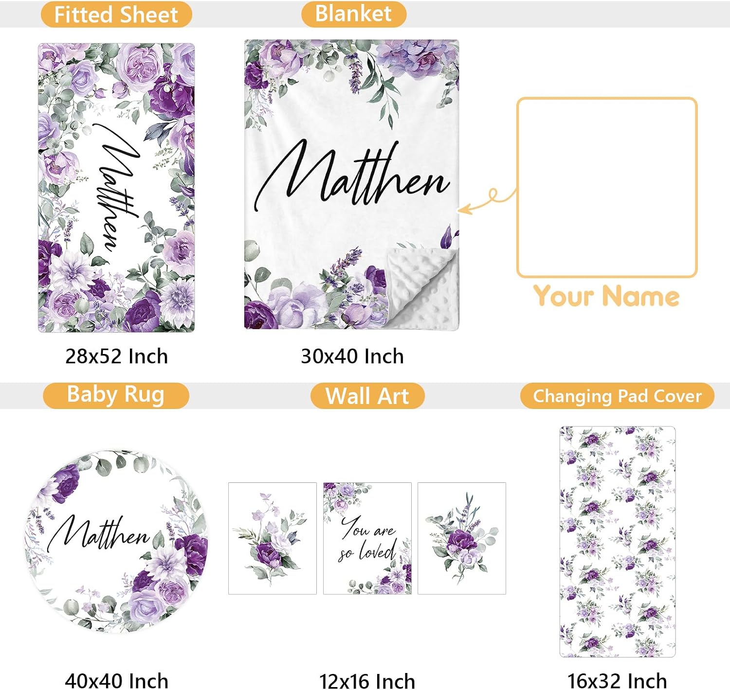 Terwex Personalized Baby Bedding Set - 5 Pcs Custom Toddlers Bedding Set with Infant Name - Soft Double Layer Nursery Crib Set for Girls Boys - Customized Infant Gifts for Baby Shower - Purple Flowers