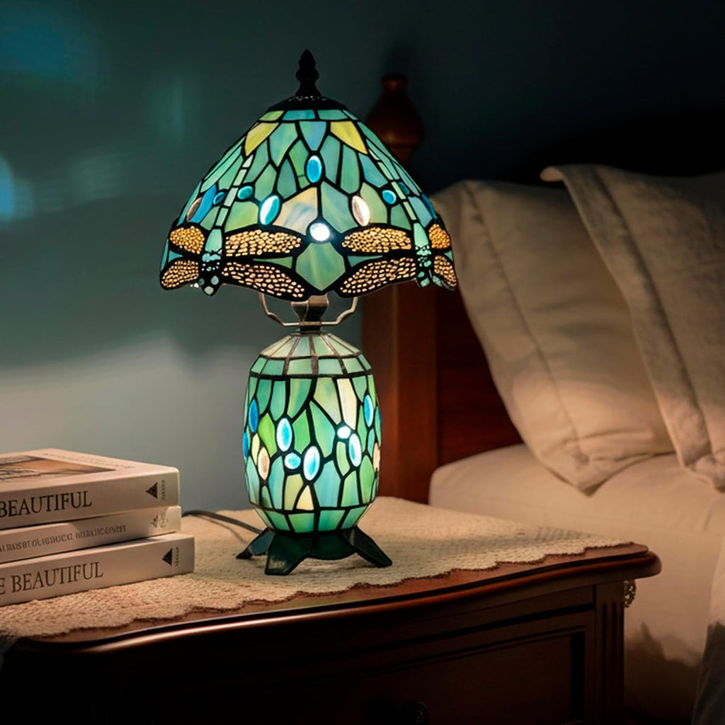 Small Tiffany Lamp Stained Glass Table Lamp Mini Mother Daughter Vase Desk Accent Light for Bedroom Bedside Reading Home Antique Style Decor 8X14 Inches (Sea Blue Dragonfly)