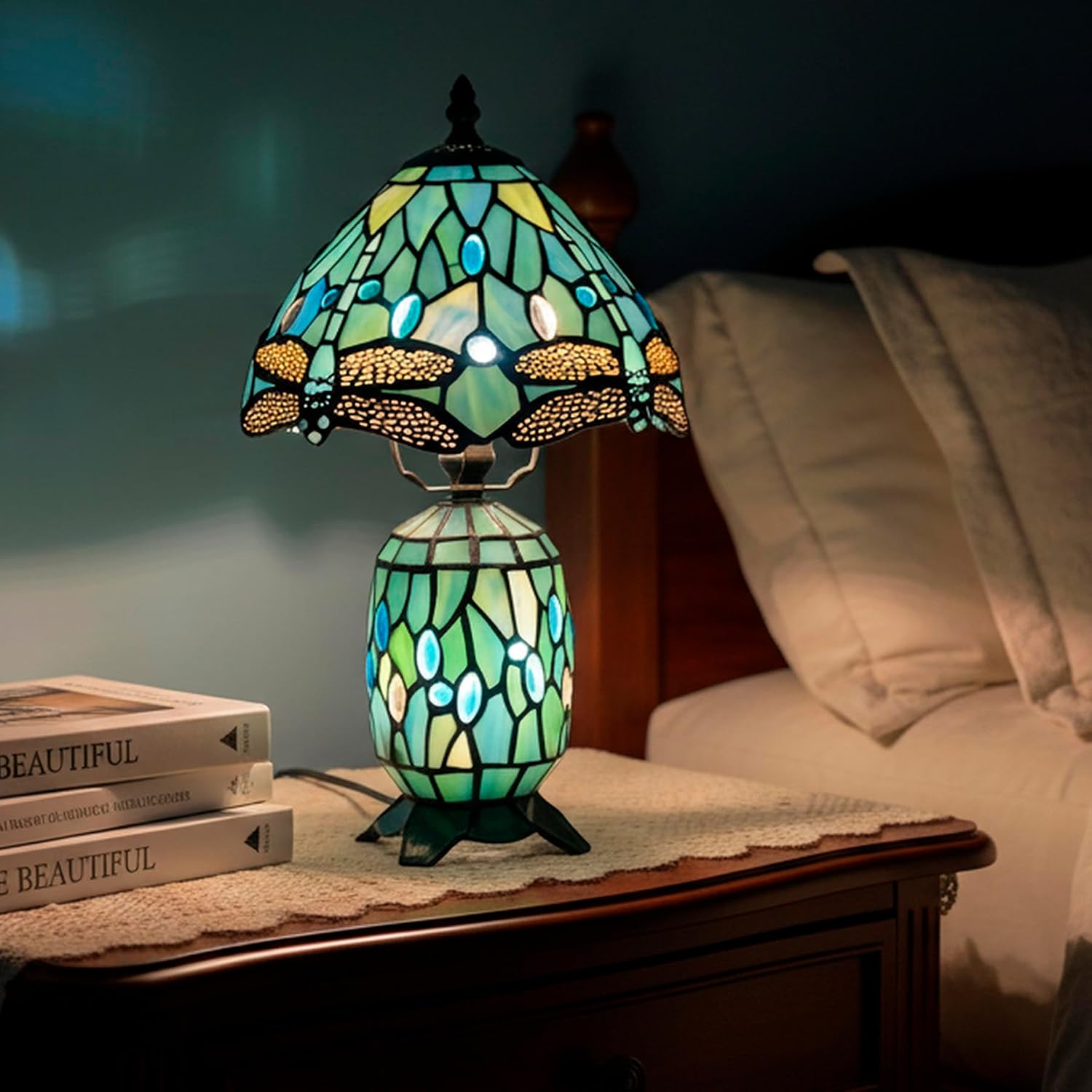 Small Tiffany Lamp Stained Glass Table Lamp Mini Mother Daughter Vase Desk Accent Light for Bedroom Bedside Reading Home Antique Style Decor 8X14 Inches (Sea Blue Dragonfly)