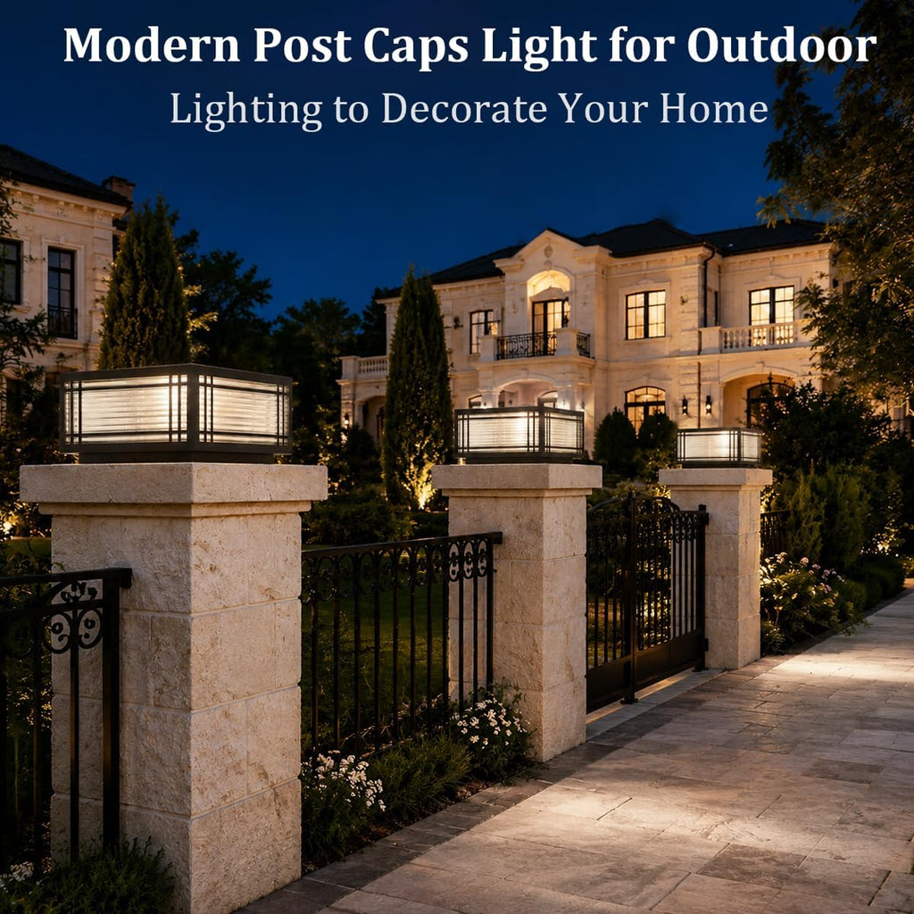 SLAWA Outdoor Post Caps Lights Modern Square Fence Pillar Lamps Waterproof Lawn Column Cap Lamp Courtyard Stainless Steel Housing Light Deck Post Light Fixture with Pier Mount Yard Pedestal Light