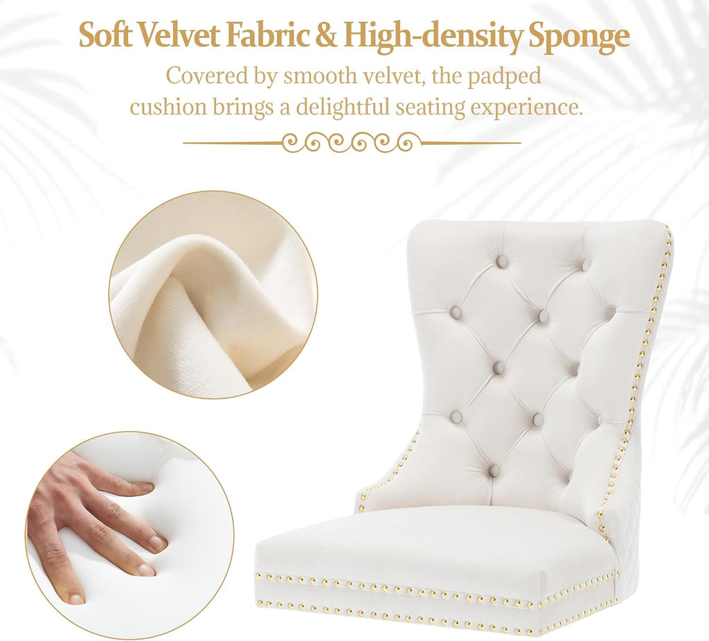 civama Dining Chairs Set of 2, Elegant Luxury Velvet Tufted Dining Chairs Golden Legs & Nailhead Trim, Back Lion Head Pull Ring & Rhomboid Pattern, Nikki Collection Armless Kitchen Chair, Beige