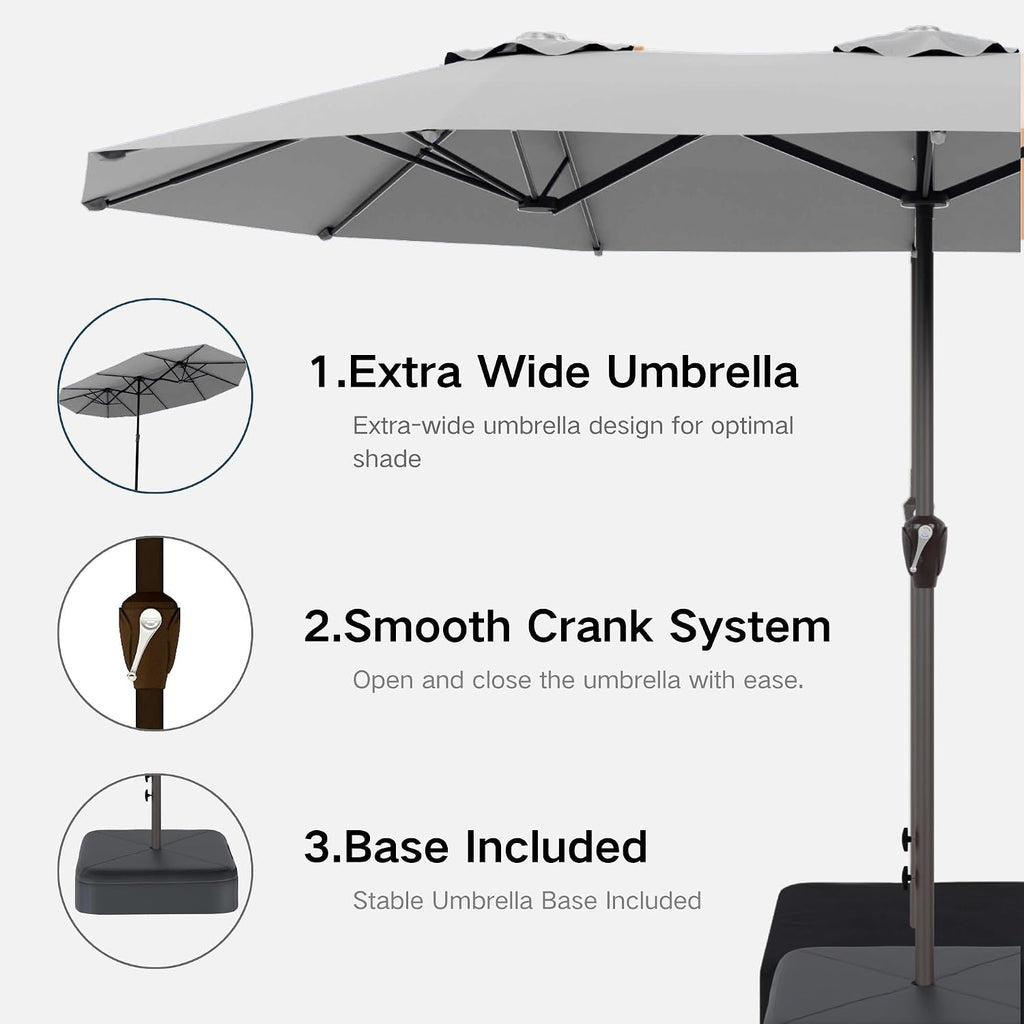 Kingdura 15ft Large Patio Umbrella with Base Included, Double-Sided Rectangle Outdoor Table Umbrella with 12 Reinforced Ribs, Crank Lift for Market Pool Deck Backyard, Light grey