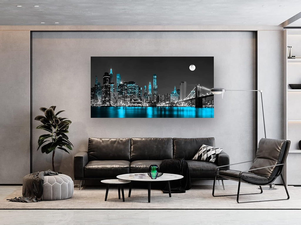 Jiuqinghua Wall Art Decor Canvas Print Picture 1 Panel Black White and Blue New York Brooklyn Bridge Cityscape Night Building Painting for Kitchen Office Home Decor Framed Ready to Hang 30x60inch