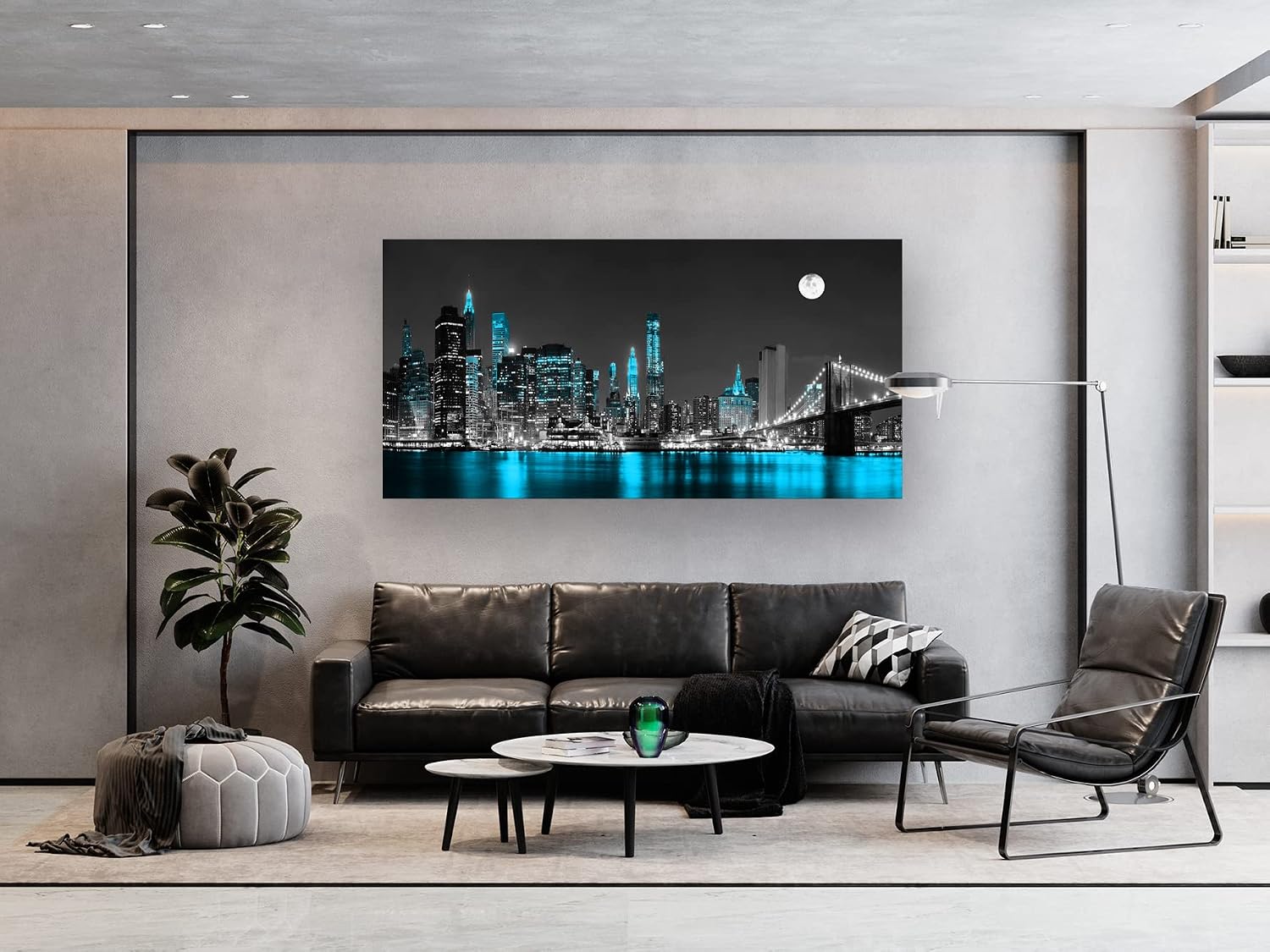 Jiuqinghua Wall Art Decor Canvas Print Picture 1 Panel Black White and Blue New York Brooklyn Bridge Cityscape Night Building Painting for Kitchen Office Home Decor Framed Ready to Hang 30x60inch