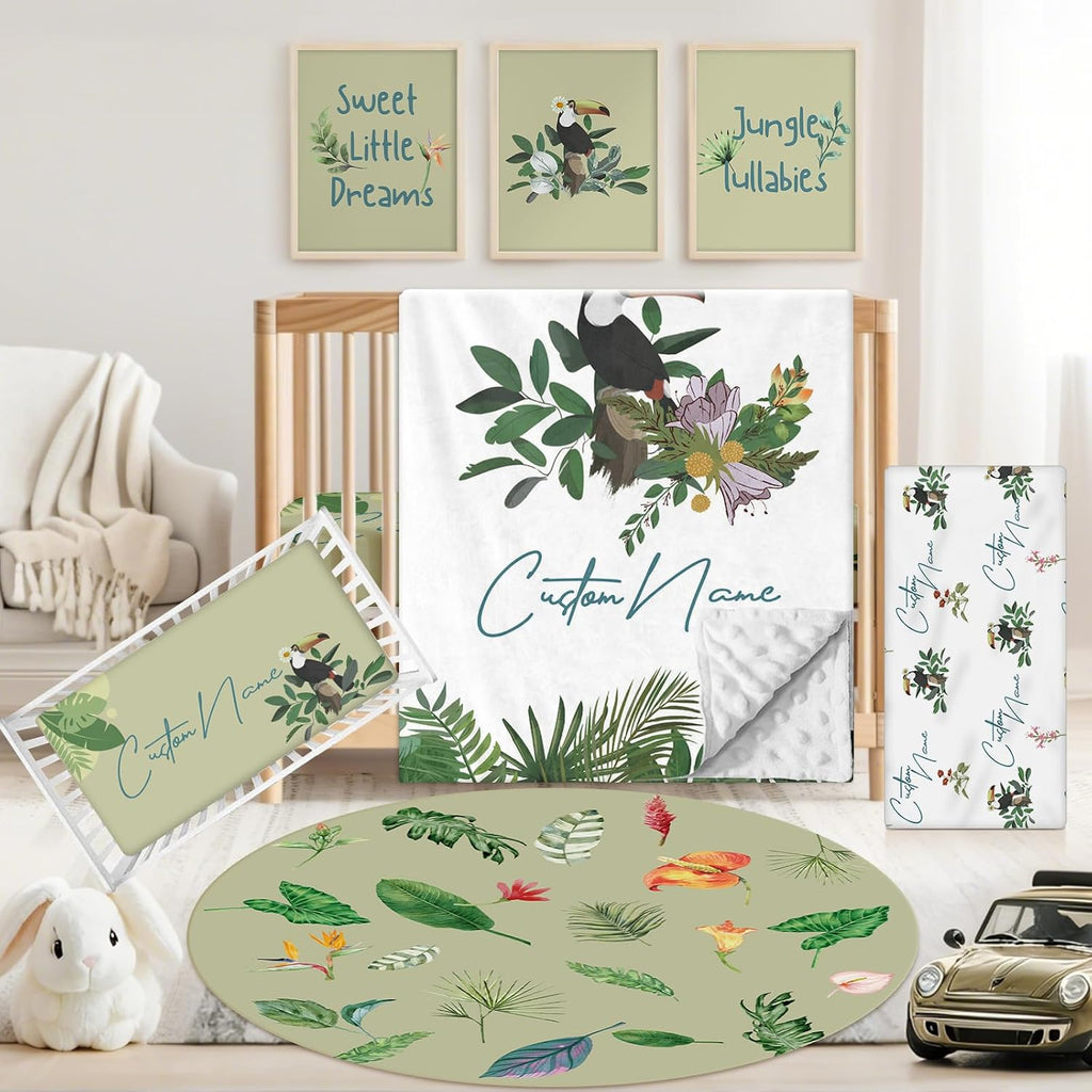 Custom Baby Crib Bedding Set, 5 PCS Personalized Name Baby Crib Sets for Girls Boys, Toucan Theme Nursery Bedding Sets for Infant Toddler, Double Layer Flannel Bed Set Customized Gifts