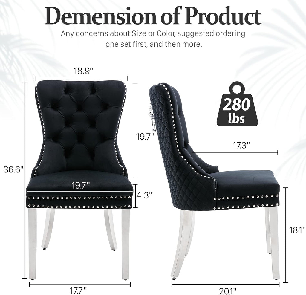 civama Dining Chairs Set of 2, Elegant Luxury Velvet Tufted Dining Chairs Silver Legs & Nailhead Trim, Back Lion Head Pull Ring & Rhomboid Pattern, Nikki Collection Armless Kitchen Chair, Black