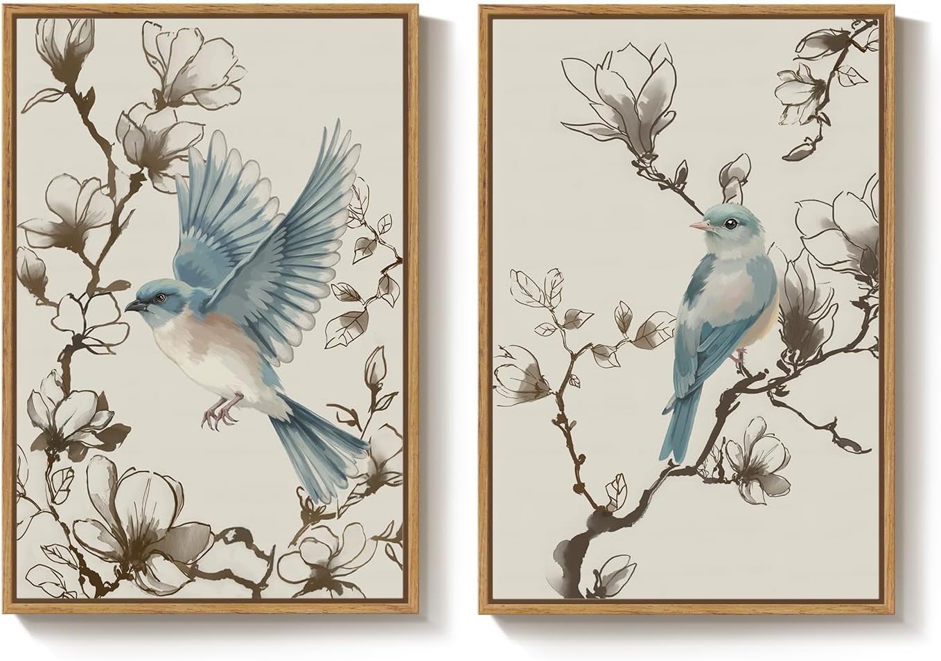 Framed Vintage Botanical Bird Wall Art, 2 Piece Neutral Minimalist Floral Canvas Painting Prints, Nature Beige Chinoiserie Asian Flower Artwork for Living Room Bedroom Kitchen Dining Room Wall Decor