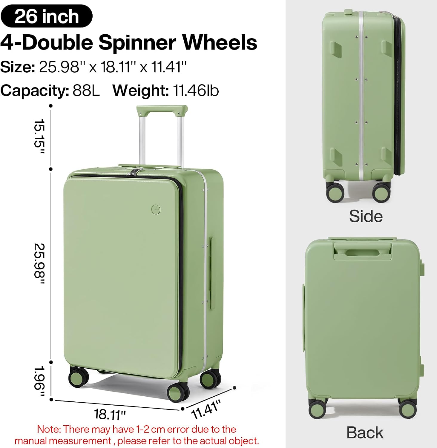 mixi 26 Inch Large Checked Luggage PC Hard Shell Suitcase Top Opening Aluminum Frame Travel Suitcases with Wheels, Avocado Green