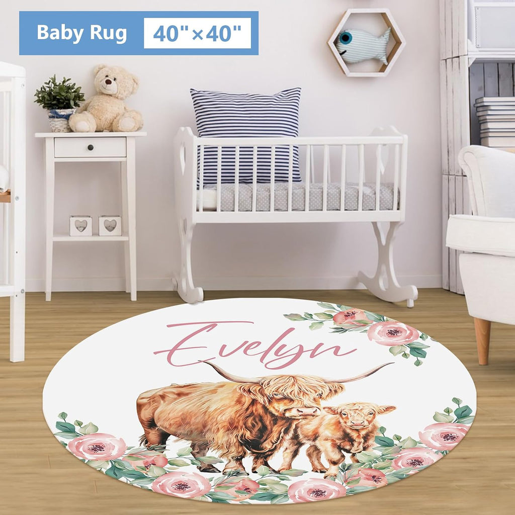 KAINSY Custom Crib Bedding Set 5 Piece for Girls Boys – Personalized Floral Highland Cow Theme, Newborn Sleep Set, Toddler Nursery Decor, Infant Sleep, Baby Room Accessories