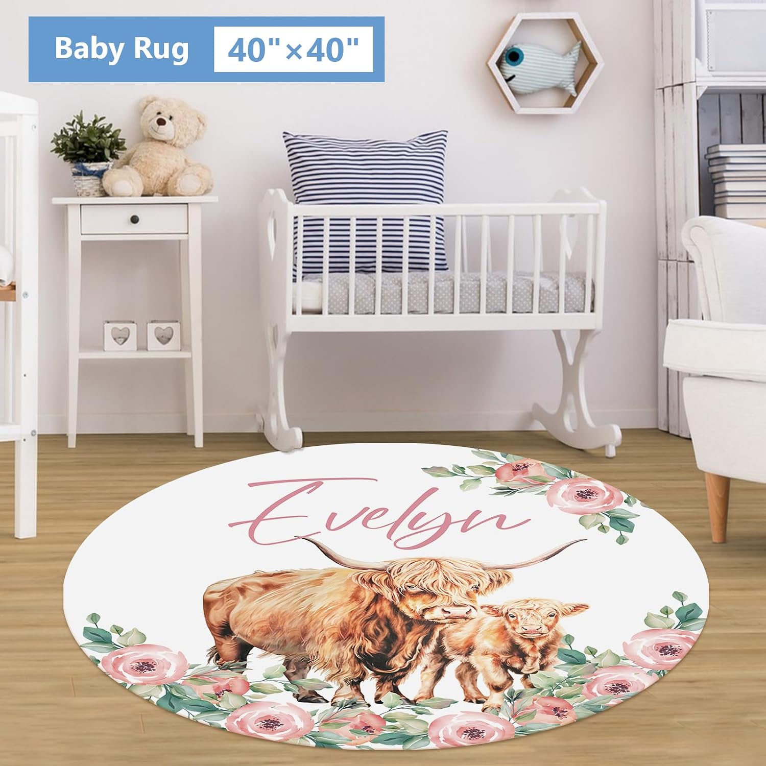KAINSY Custom Crib Bedding Set 5 Piece for Girls Boys – Personalized Floral Highland Cow Theme, Newborn Sleep Set, Toddler Nursery Decor, Infant Sleep, Baby Room Accessories