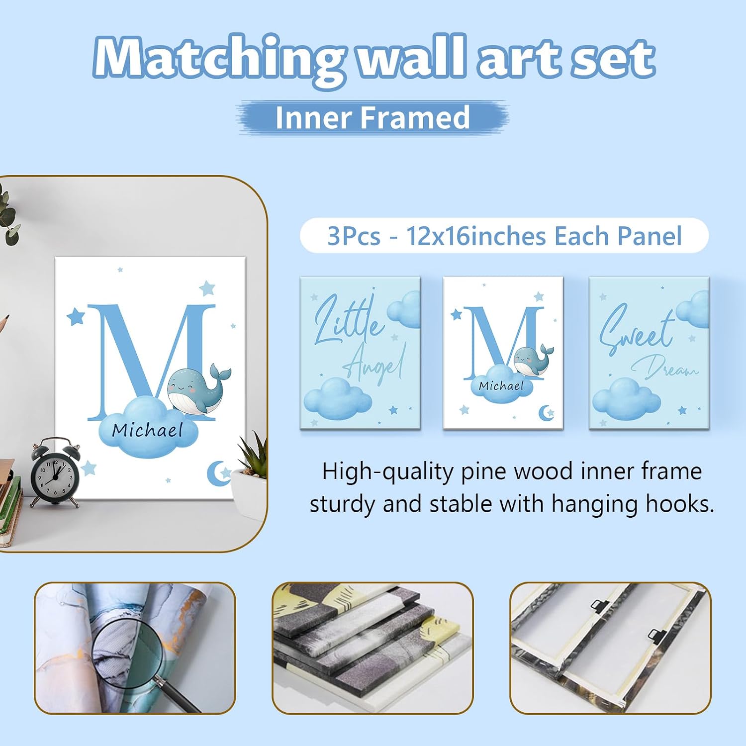 KAINSY Custom Crib Bedding Set, 5 Pcs Personalized Name Monogram Baby Crib Sets for Infants Toddlers, Blue Whale Nursery Bedding Set for Boys Girls, Double Layer Baby Bedding Sets Customized Gifts