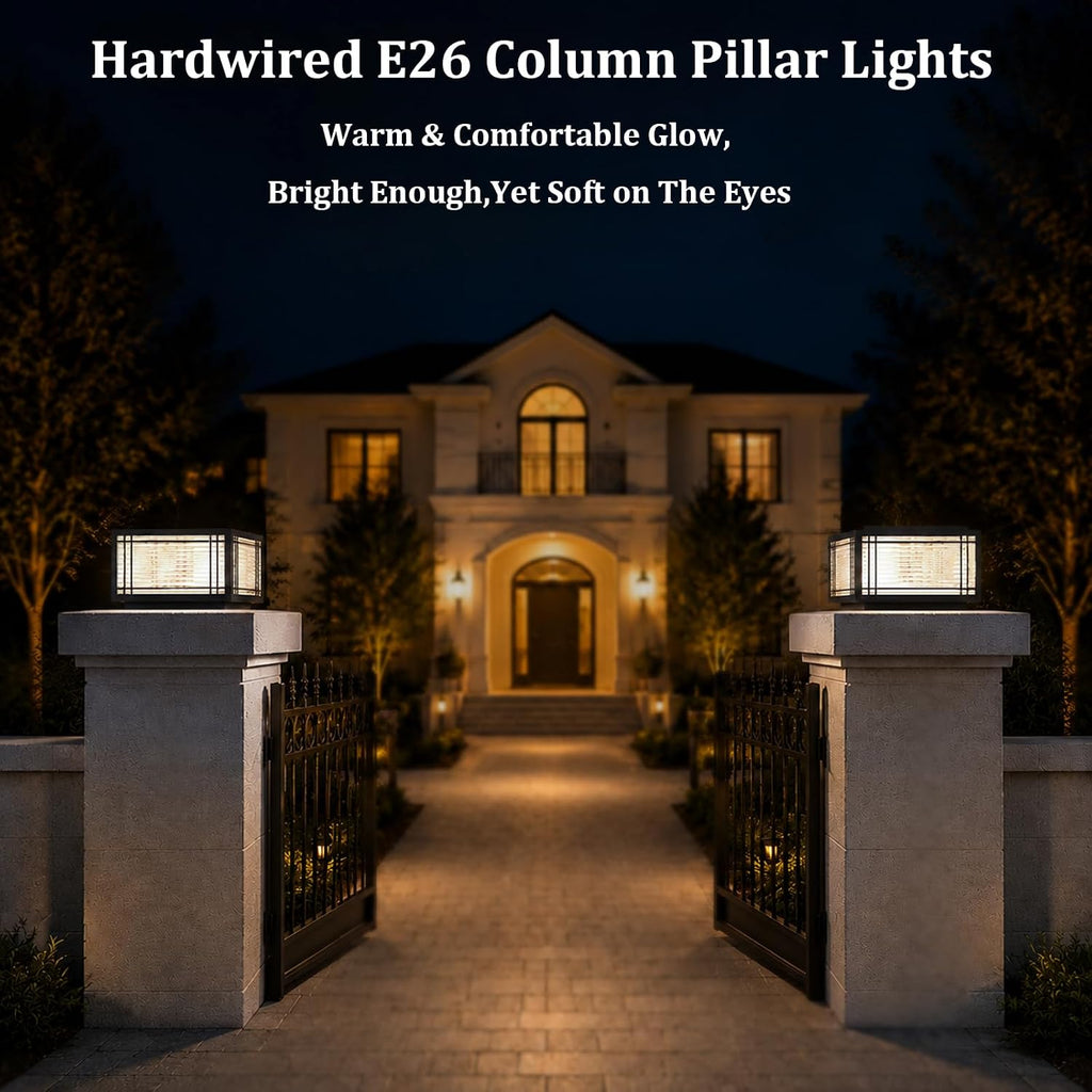 SLAWA Outdoor Post Caps Lights Modern Square Fence Pillar Lamps Waterproof Lawn Column Cap Lamp Courtyard Stainless Steel Housing Light Deck Post Light Fixture with Pier Mount Yard Pedestal Light