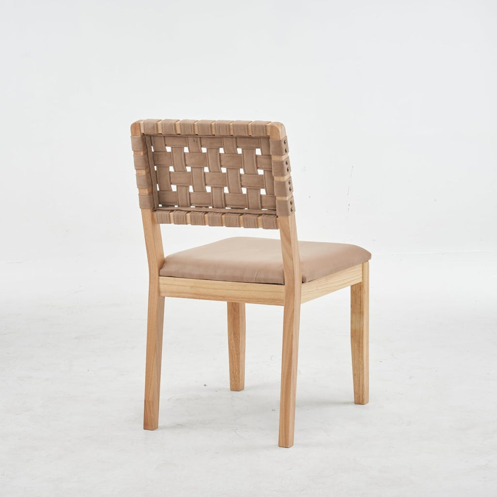 VINGLI Khaki Woven Wooden Dining Chairs Set of 2,Armless Mid Century Modern Desk Chairs with Rivet&Foot Pegs,Upholstered Farmhouse Comfy Chair No Wheels for Dining Room,Living Room,Kitchen,Oak,Suede