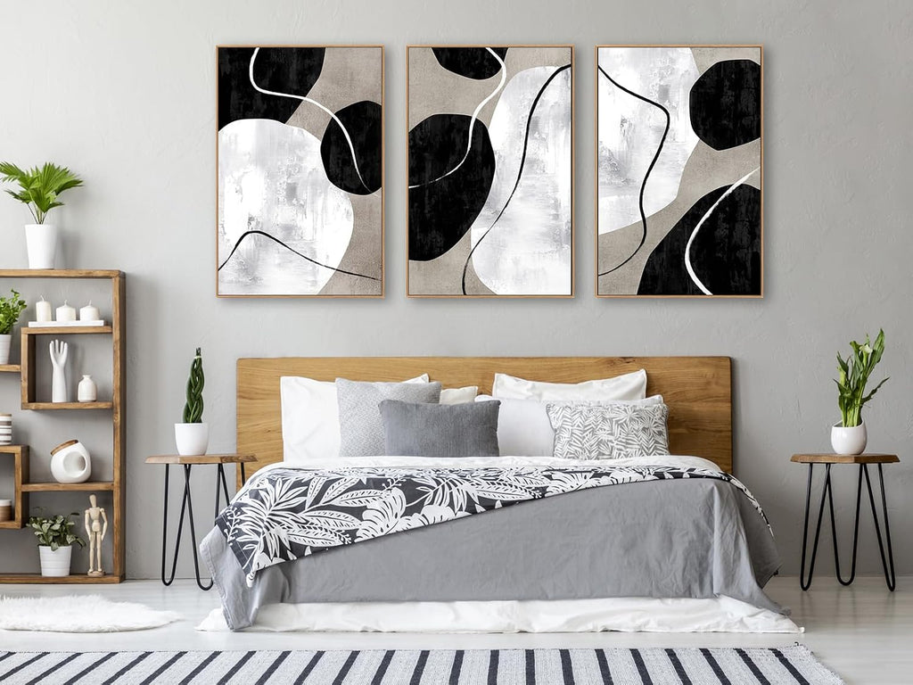 Minimalist Abstract Boho Wall Art - Natural Framed Abstract Canvas Picture Stone Painting Rock Line Artwork Modern Geometric Canvas Prints for Home Wall Decor 24' x 36' * 3 Tan Grey White Black
