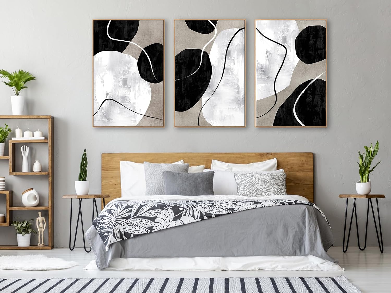 Minimalist Abstract Boho Wall Art - Natural Framed Abstract Canvas Picture Stone Painting Rock Line Artwork Modern Geometric Canvas Prints for Home Wall Decor 24' x 36' * 3 Tan Grey White Black