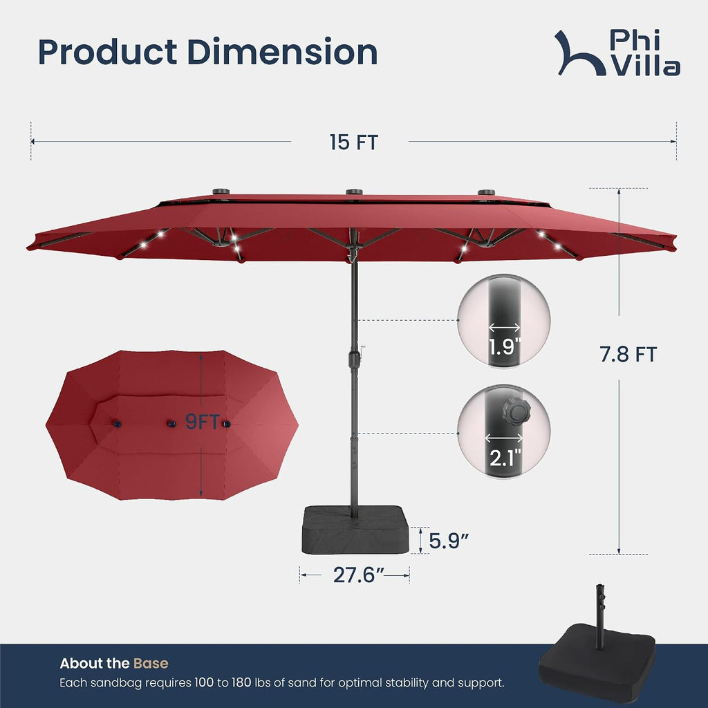 PHI VILLA 15ft 2-Tier Large Patio Umbrella with Solar Lights, Double-Sided Outdoor Market Rectangle Umbrellas with 36 LED Lights, Umbrella Base (Stand) Included, Wine Red