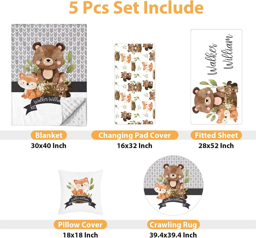 Custom Baby Crib Bedding Set - 5 Piece Nursery Crib Set Woodland Animals Design - Personalized Name Blanket with Dotted Backing, Crib Sheet, Changing Pad Cover, Pillow Cover, Rug for Newborns Color06