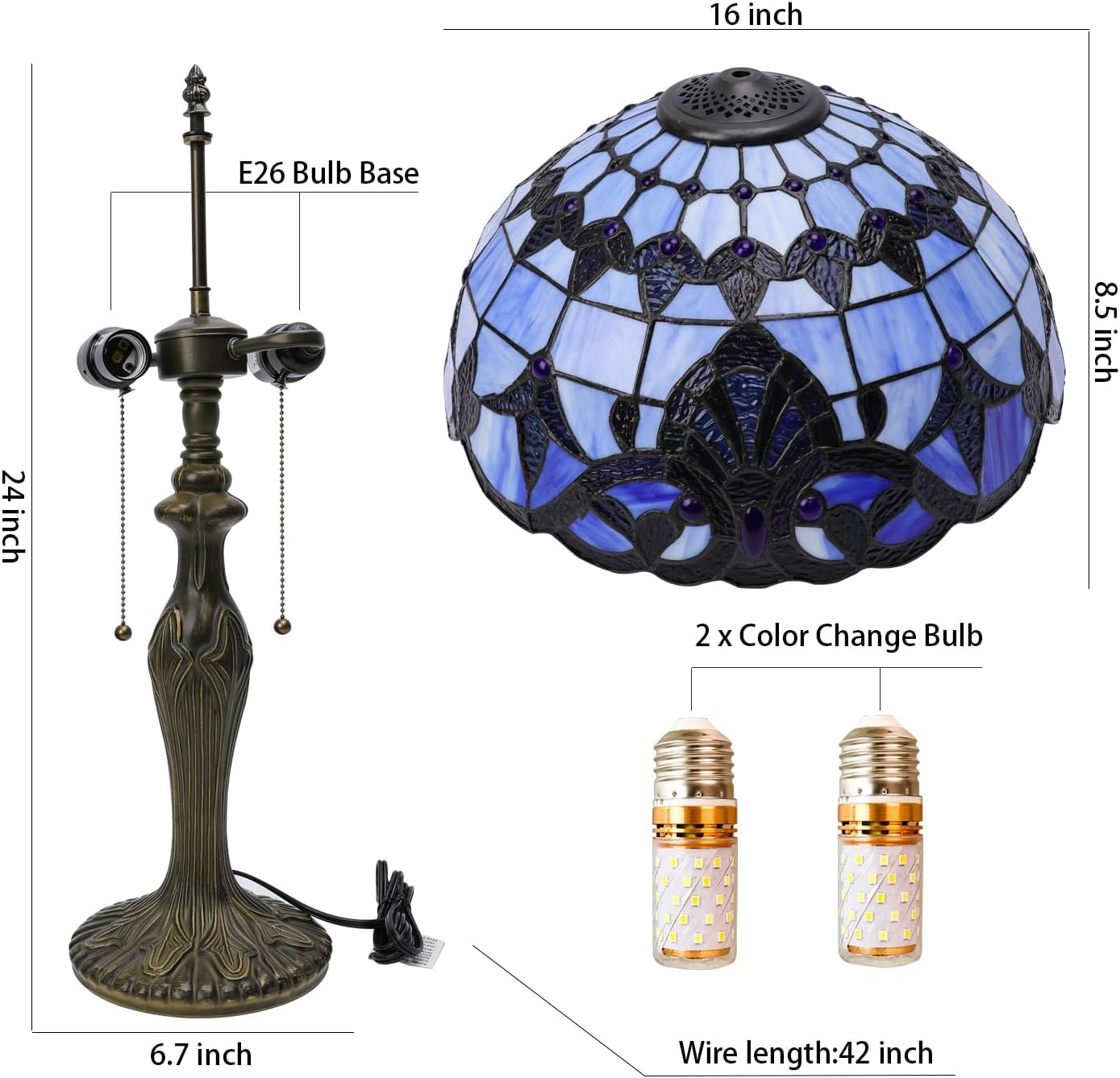 Stained Glass Table Lamp, Adjustable 3 Color Temperature,Blue Baroque Style Lampshade & Plant Texture Curve Antique Base Desk Reading Light 16X16X24 Inches Decor for Bedroom Living Room Office