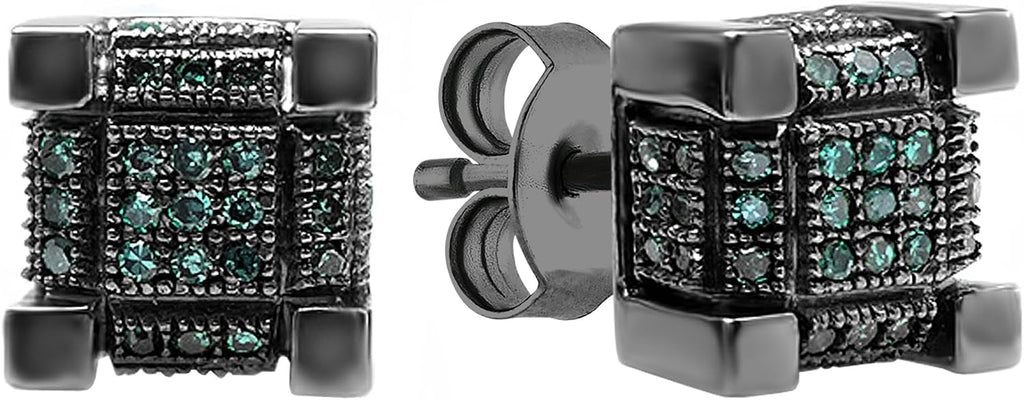 Dazzlingrock Collection 0.25 Ctw Round Blue or Red Natural Diamond 7mm Cube Hip Hop Studs in Black Plated 925 Sterling Silver, Unisex Design Ladies,Mens Real Diamond Earrings