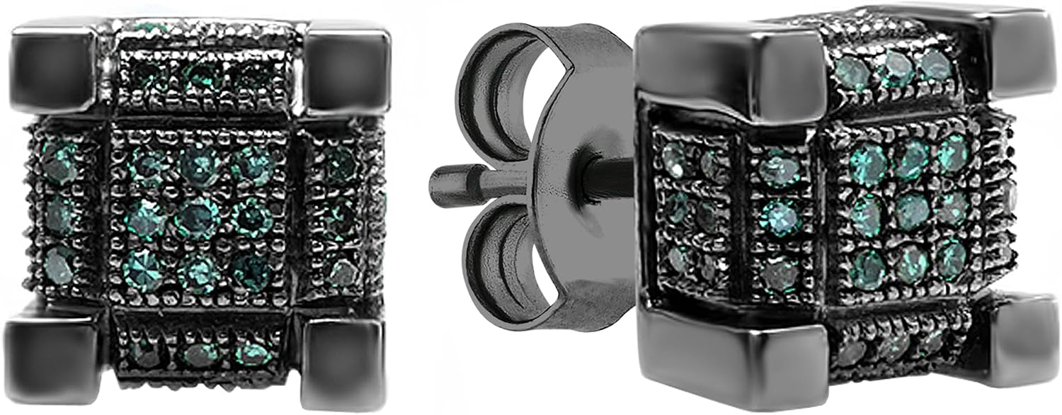 Dazzlingrock Collection 0.25 Ctw Round Blue or Red Natural Diamond 7mm Cube Hip Hop Studs in Black Plated 925 Sterling Silver, Unisex Design Ladies,Mens Real Diamond Earrings