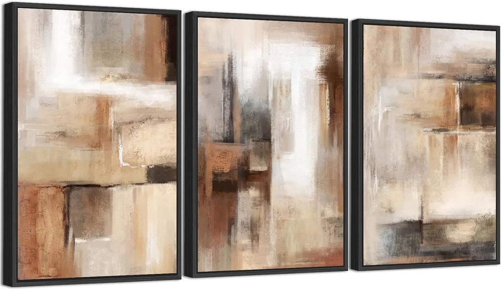 ASDCEUTICALS Large Canvas Wall Art - Brown and Beige Abstract Pictures for Living Room Vintage Wall Decor Retro Rustic Paintings Black Float Framed for Bedroom Dinning Room 24' X 36' X 3 pcs
