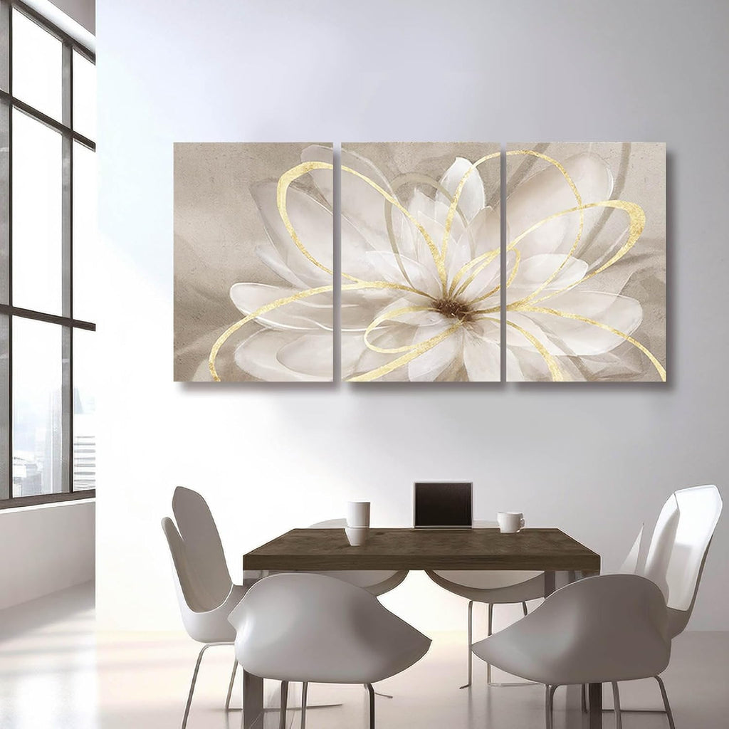 Kureful Gold Wall Art Pictures for Bedroom Flowers Wall Decor Floral Posters Art 3 Piece Wall Decorations Minimalist Decor for Walls 20'x 26'x 3