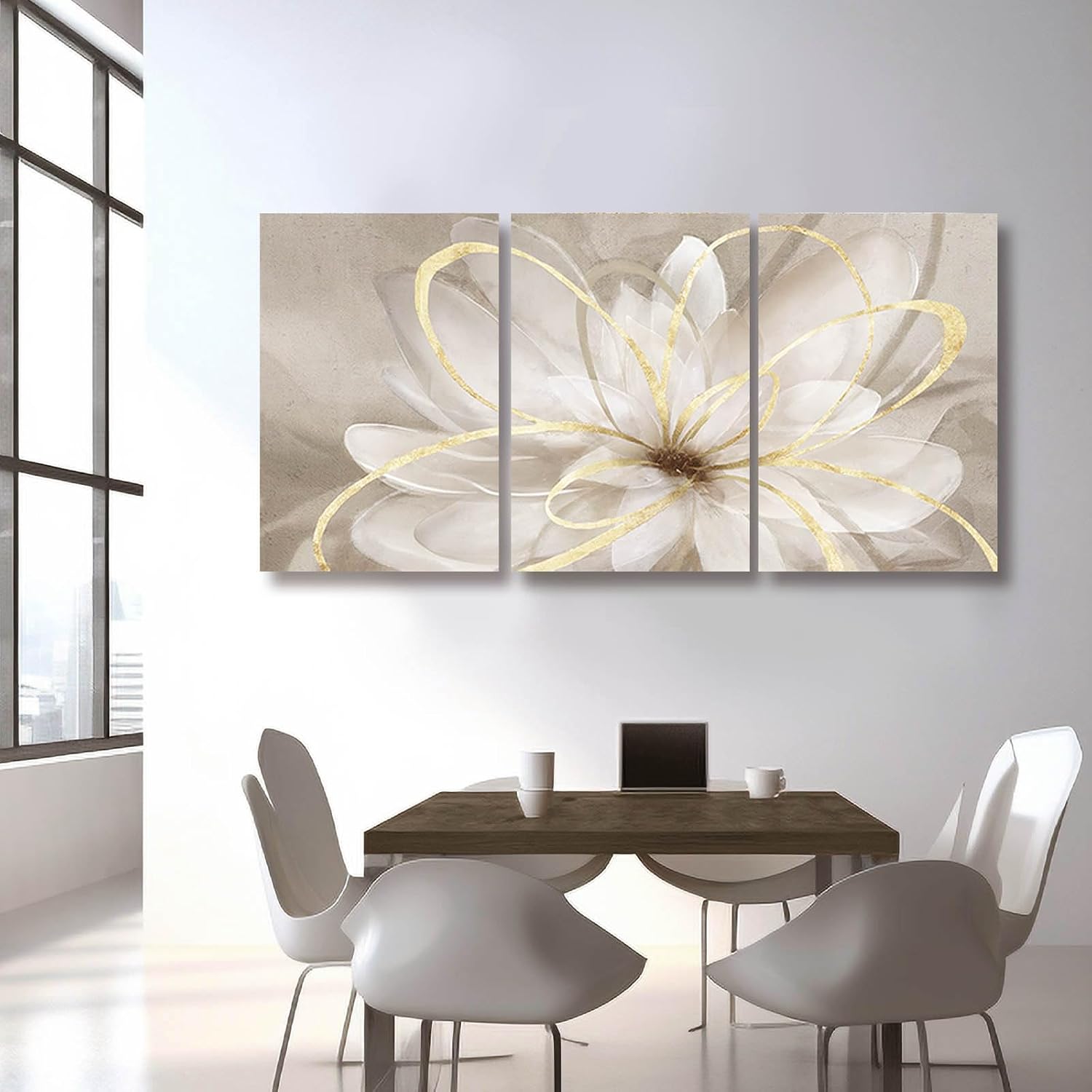 Kureful Gold Wall Art Pictures for Bedroom Flowers Wall Decor Floral Posters Art 3 Piece Wall Decorations Minimalist Decor for Walls 20'x 26'x 3