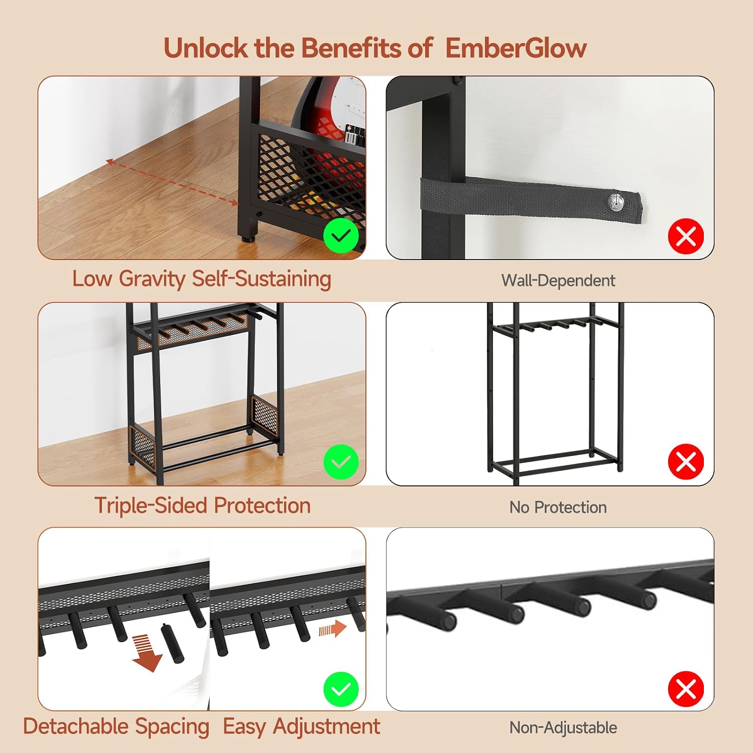 EmberGlow Multi-Guitar Stand with Top Display Shelf - Heavy Duty 28lbs Metal Guitar Rack with Adjustable Spacing & Soft EVA Padding, Premium Instrument Holder for Acoustic, Electric, Bass, Ukulele, Model L (Brown)
