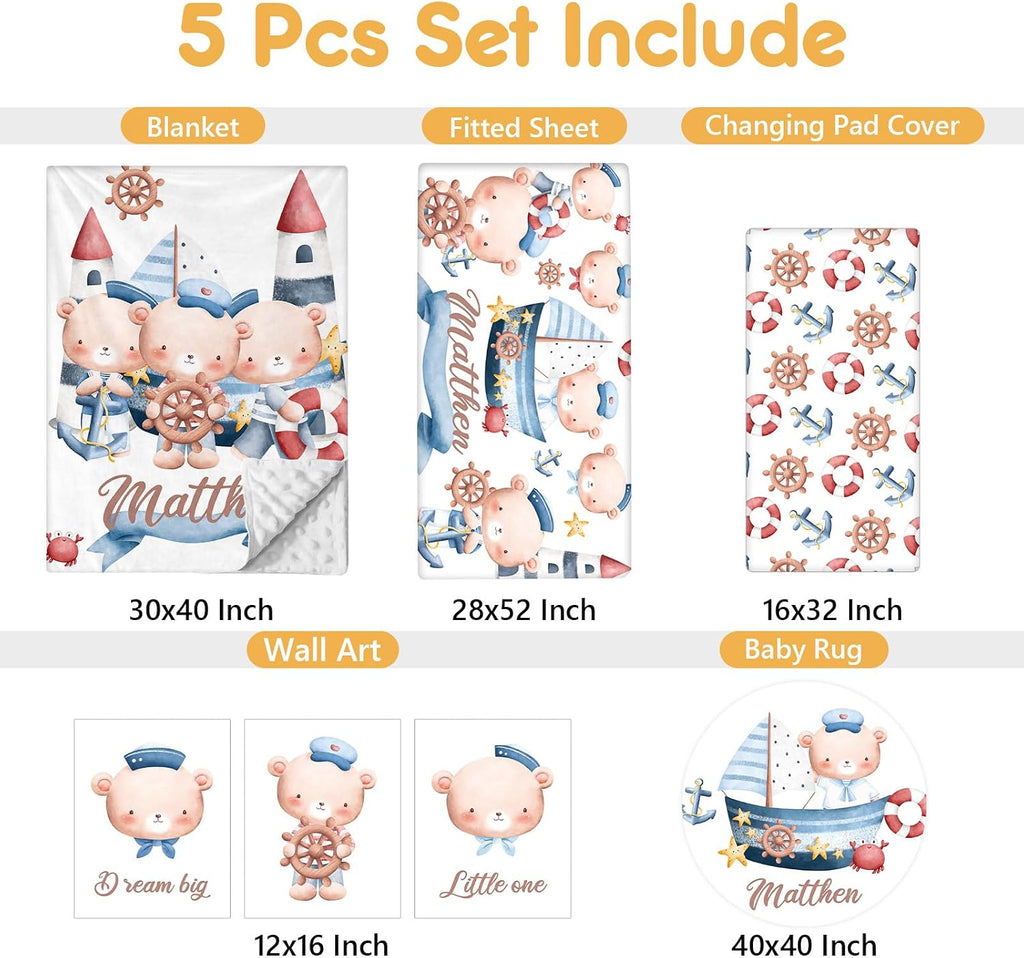 Terwex Custom Baby Bedding Set, 5 Pcs Customized Nursery Bedding Set with Name, Comfortable Double Layer Crib Sets for Boys Girls, Personalized Gifts for Infants Toddlers New Parents, Sailing Bear